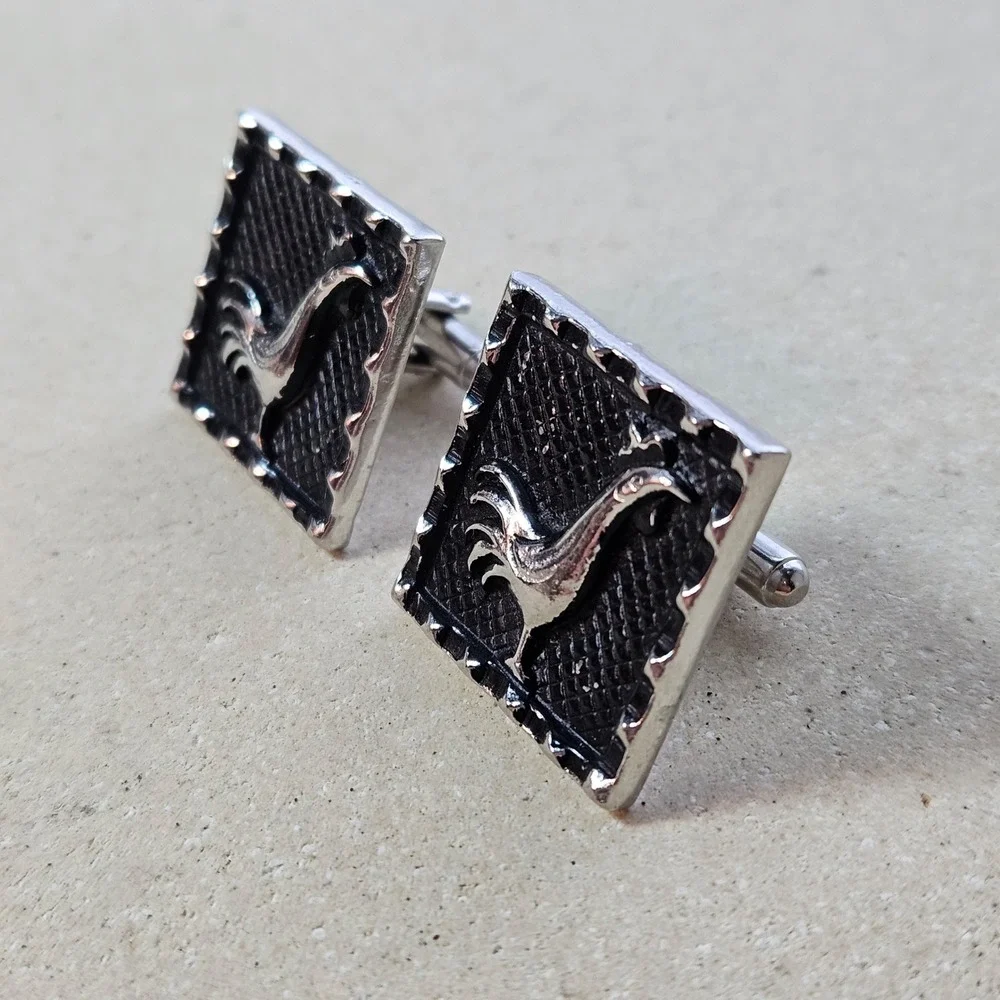 Vtg 60s 70s Large‎ Silver Tone Rooster Square Cufflinks Textured Modernist